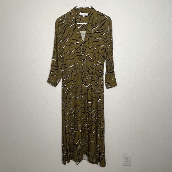 Anthropologie Corey Lynn Calter Olive Zebra Shirt Dress MIDI Office Small B20 - Picture 2 of 6